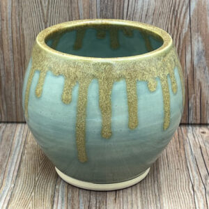 Large Round Aqua and Wheat Speckled Stoneware Vase