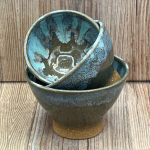 Small Turquoise Striped Stoneware Bowls, Set of 3