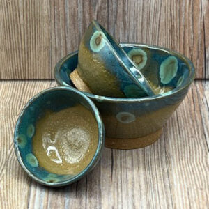 Small Teal and Olive Speckled Stoneware Bowls, Set of 3